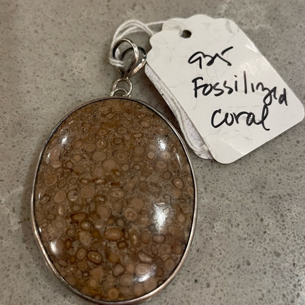 Fossil Coral Gemstone Pendant 925 Sterling Silver Oolite Cabochon Oval